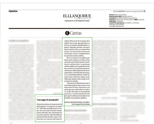 Carta de ASPAUT Puerto Montt publicada en el diario El Llanquihue el 6 de agosto de 2026